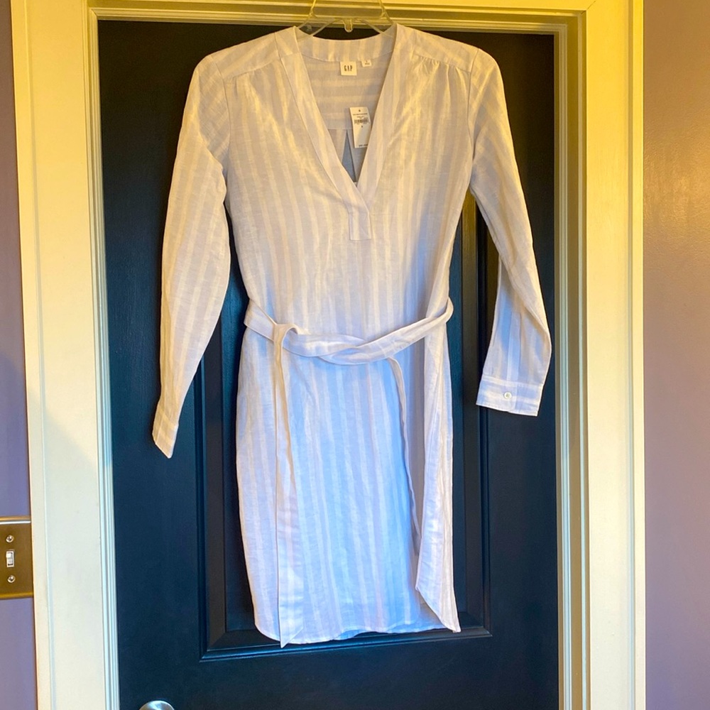 Gap light blue and white striped tie waist linen dress